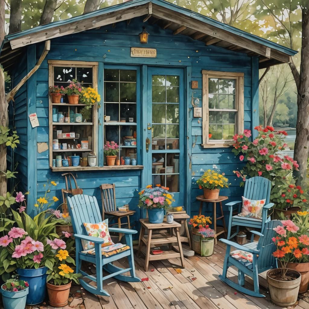 Idyllic Lakeside Cabin Porch with Alcohol Ink Botanical Art