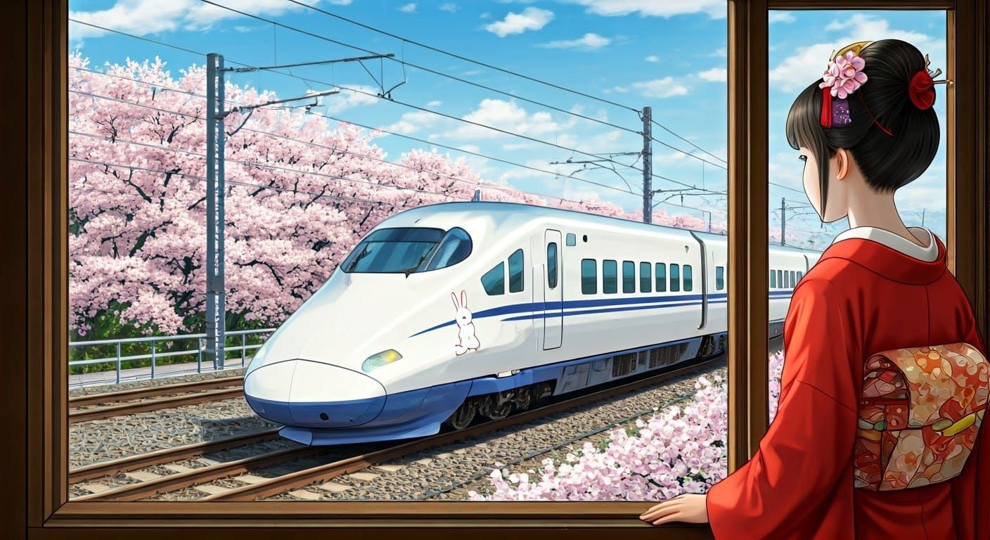 Geisha Watches Shinkansen Train Pass by with Cherry Blossoms