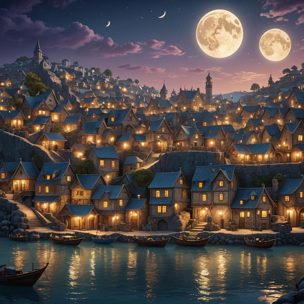 Moonlit Seaside Village in a Fantasy Landscape