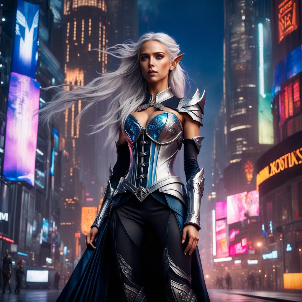 Futuristic Elf Warrior in Winter Forest, Digital Art