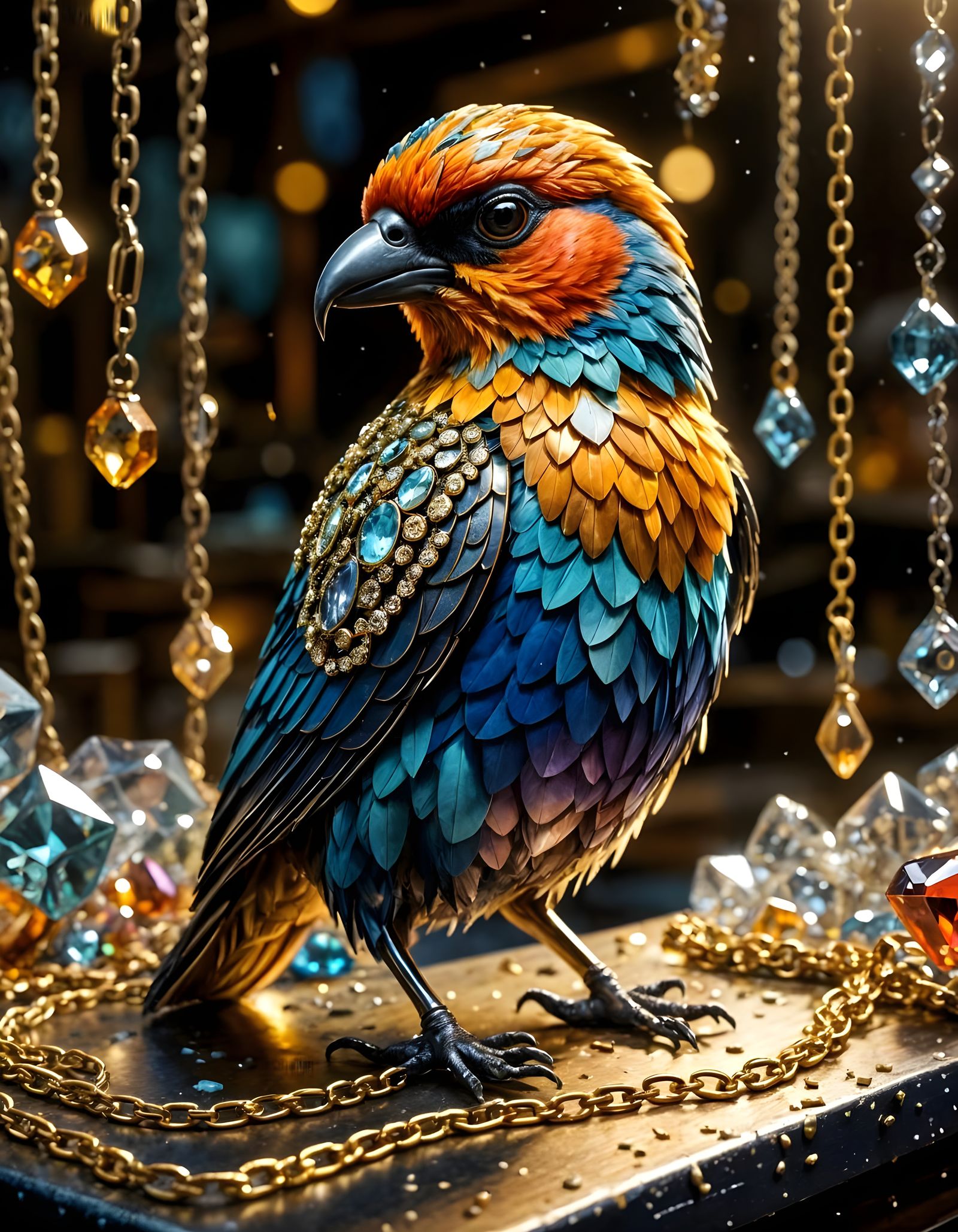 Vibrant Bird with Crystals in Workshop