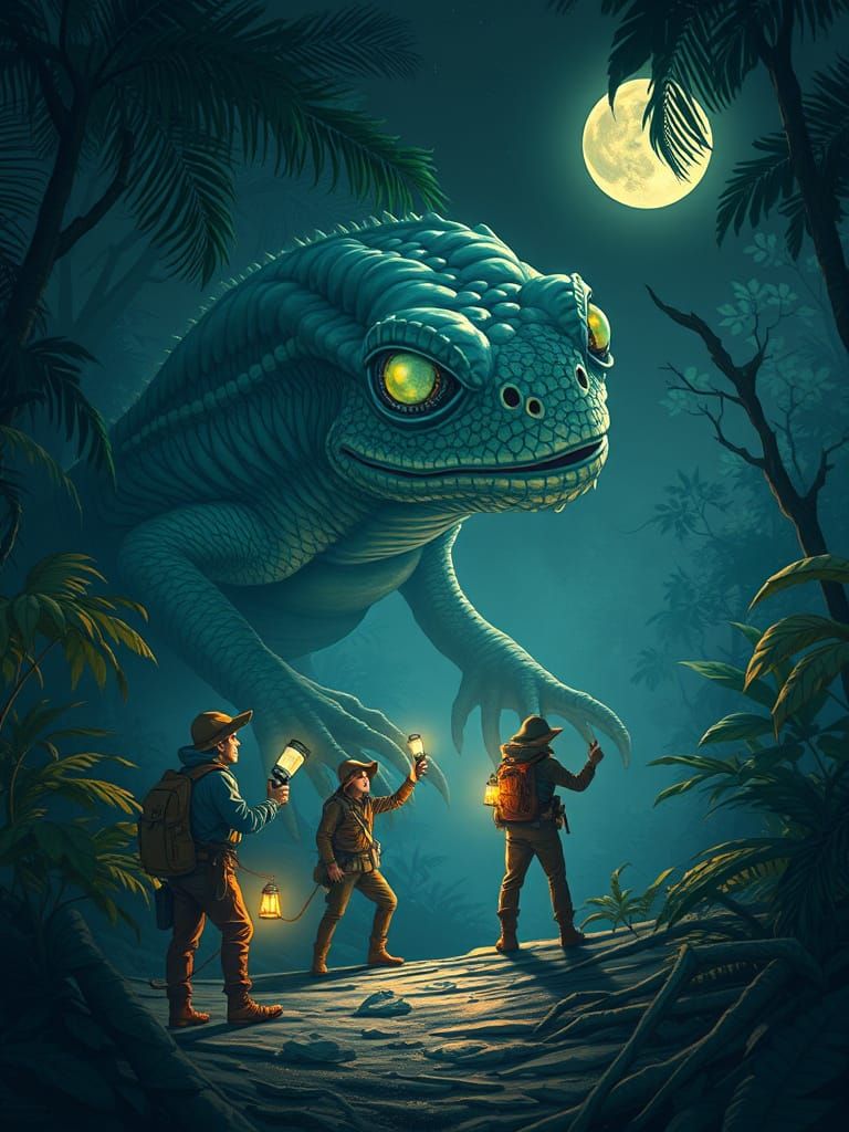 Explorers Encounter a Glowing Reptilian Alien in a Moonlit F...
