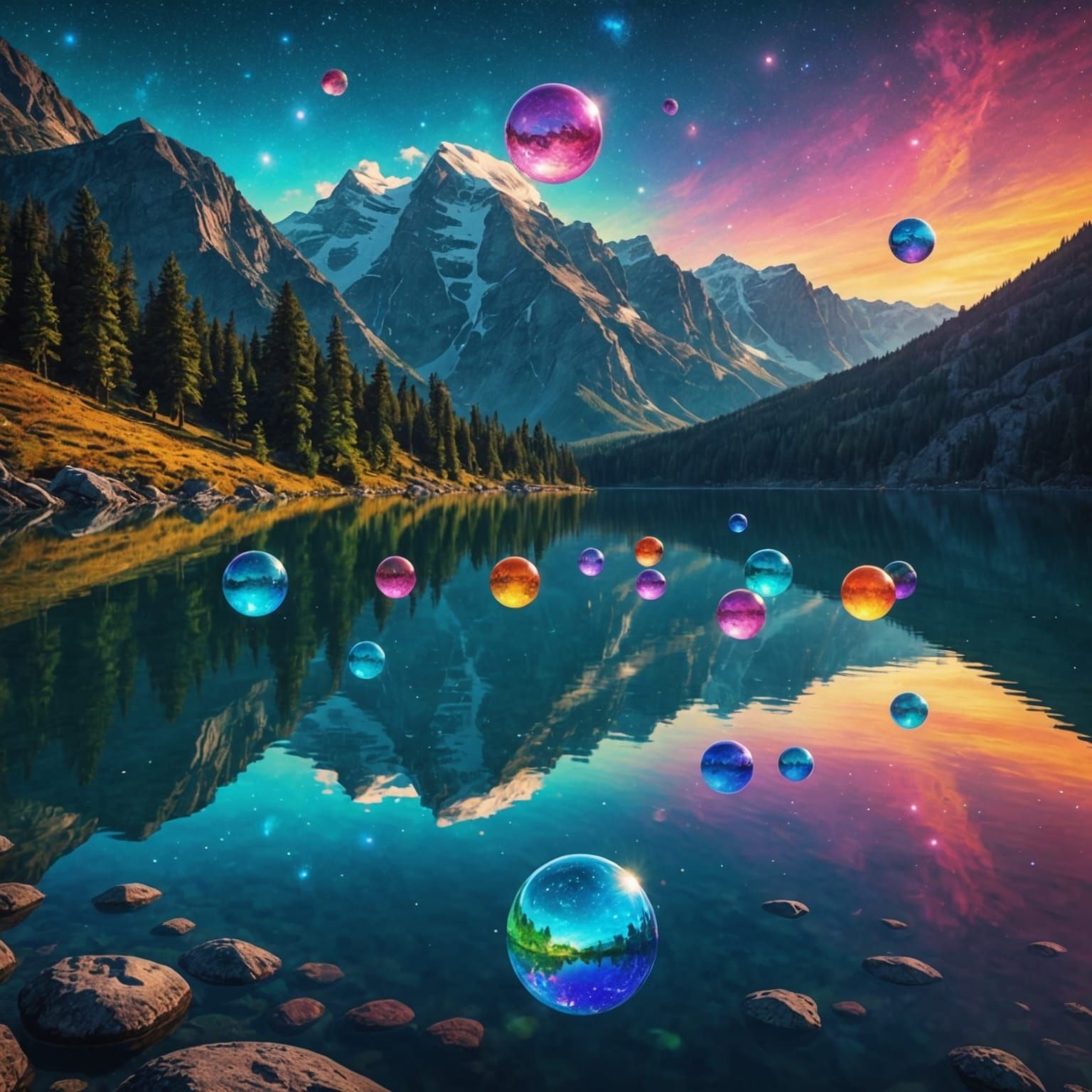 Orbs Over Mountain Lake: Holographic Cosmic Illustration