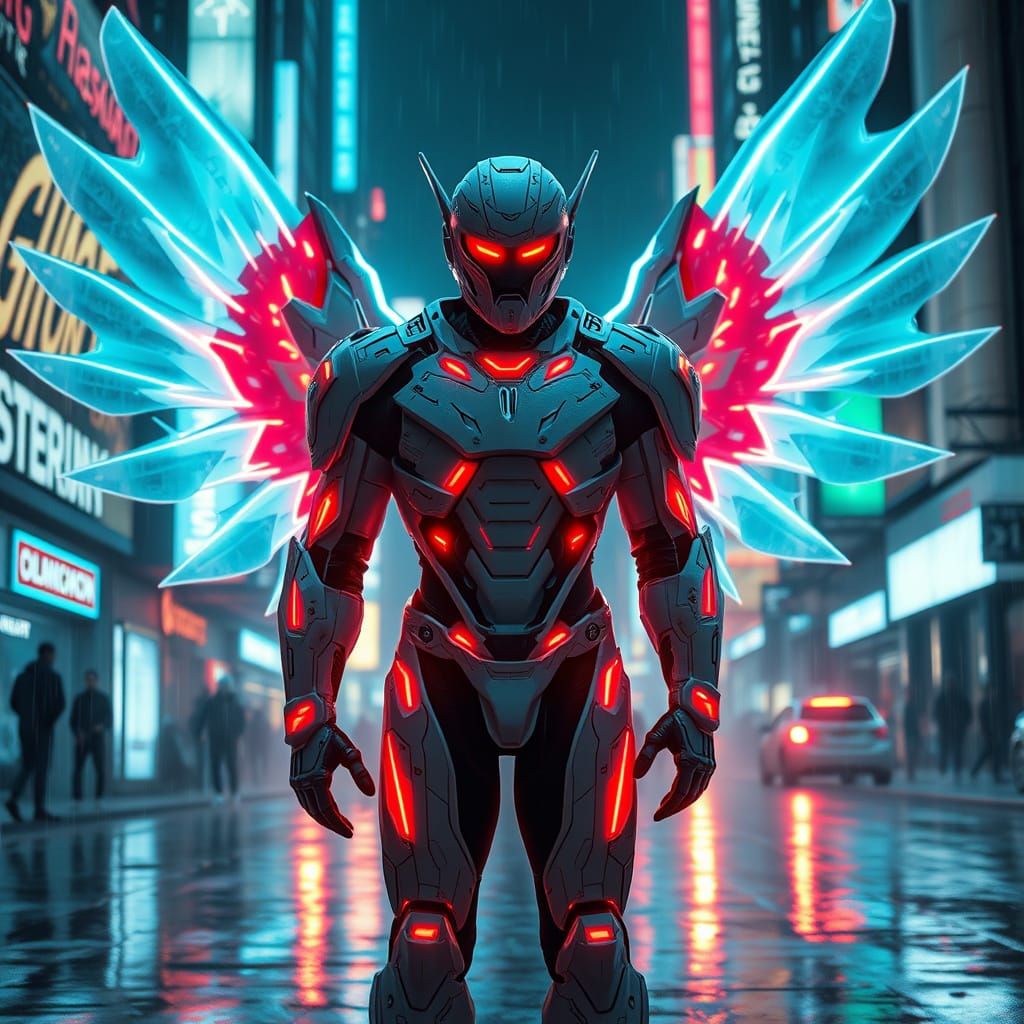 Futuristic Cyborg Warrior in Neon Cyberpunk City