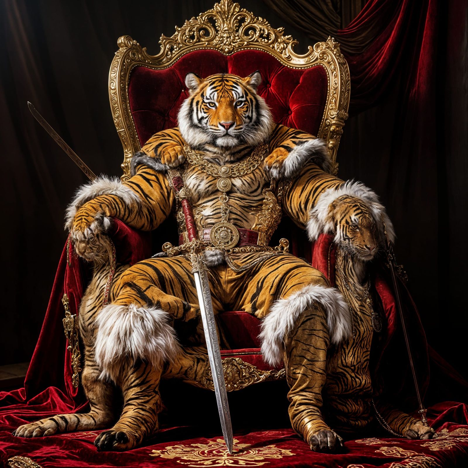 Man in Tiger Skin Sits on Ornate Velvet and Gold Throne