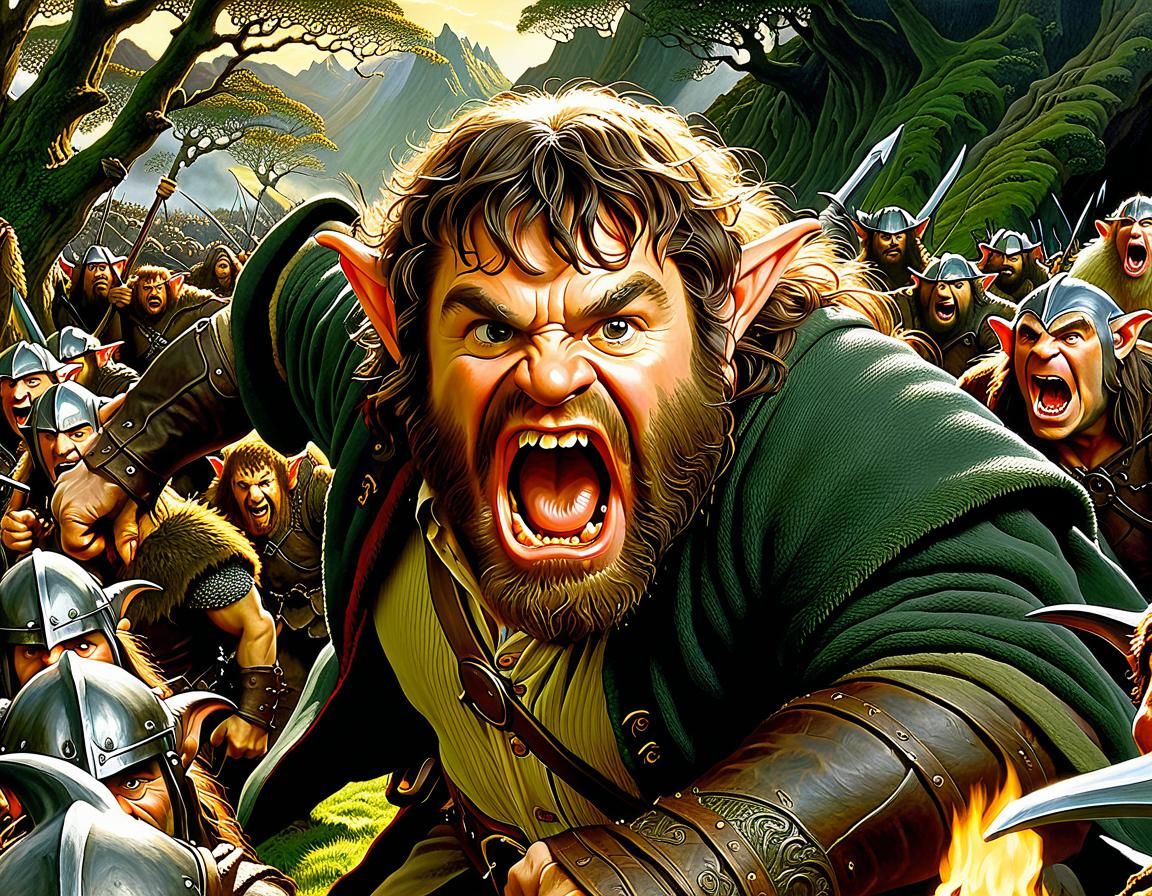 Hyperdetailed Oil Painting: Roaring Hobbit vs Orcs