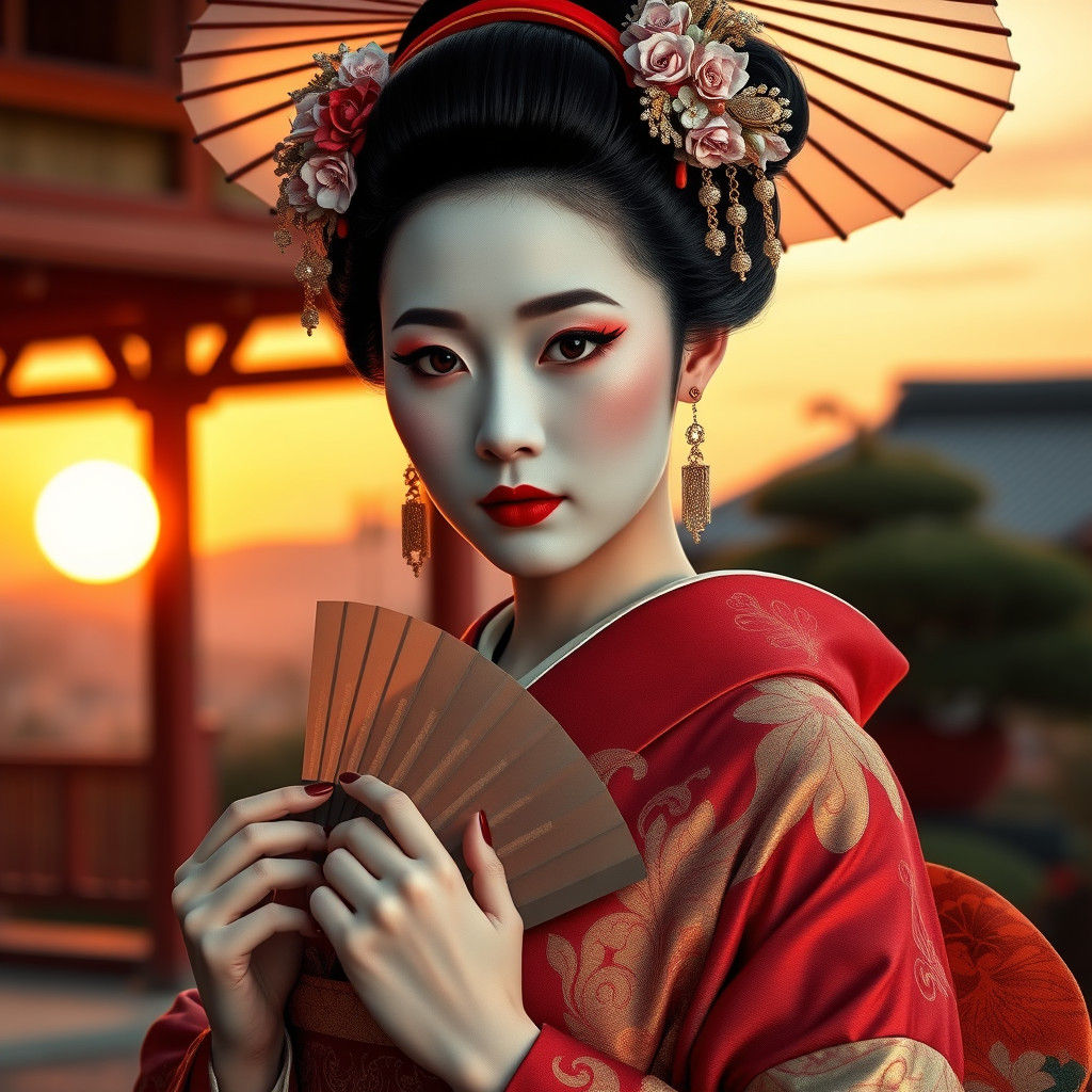 Elegant Japanese Geisha Portrait in Golden Hour