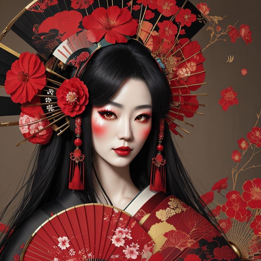 Geisha Portrait with Fan and Surreal Flowers