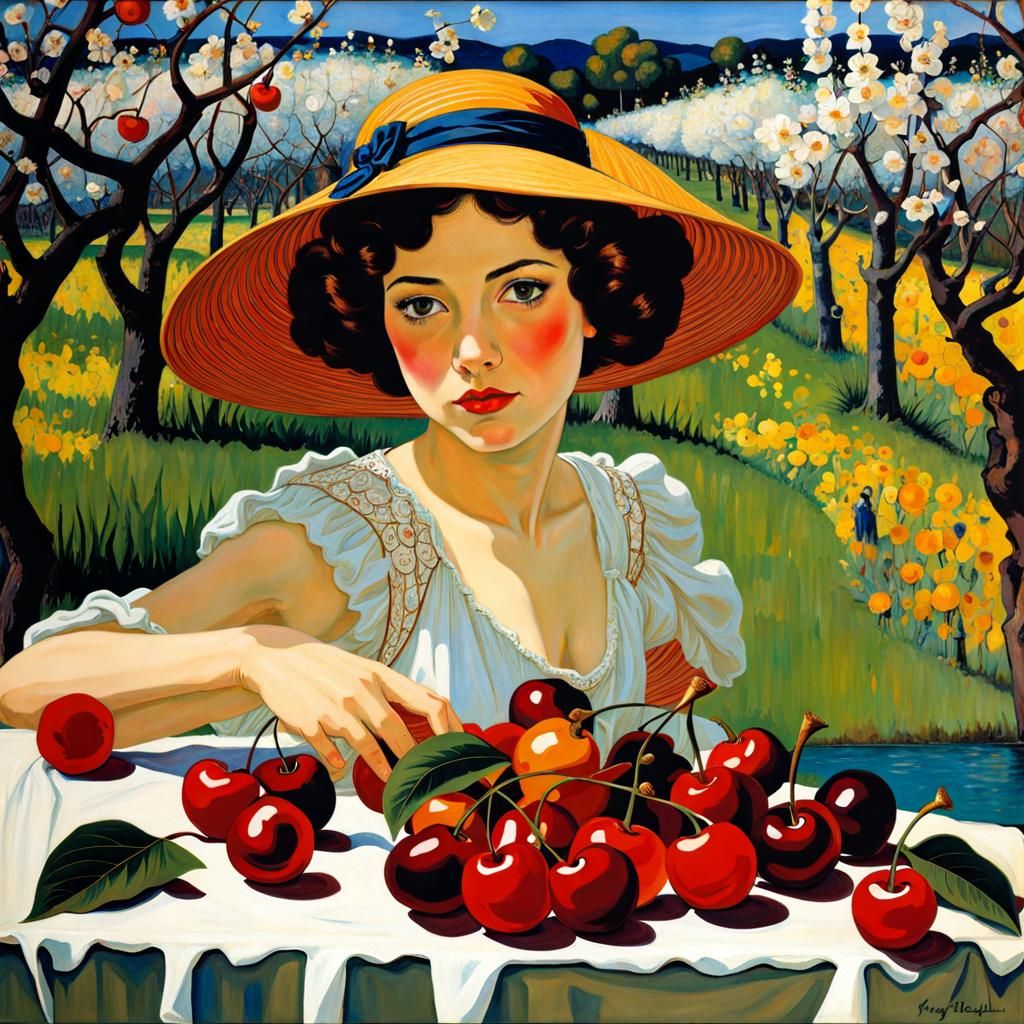 Girl in Cherry Orchard: A Blend of Art Styles