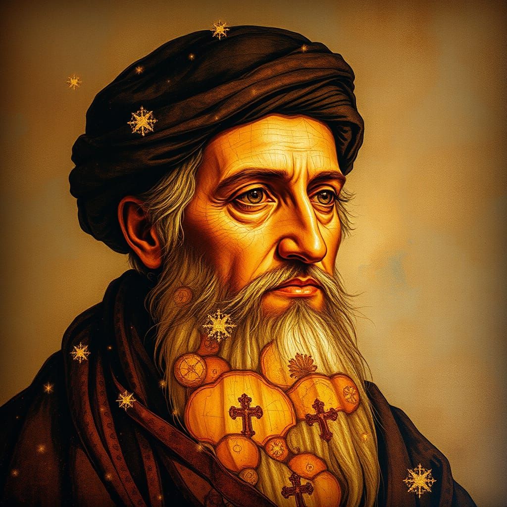 Iranian Religious Reformer Portrait with Layered Narratives