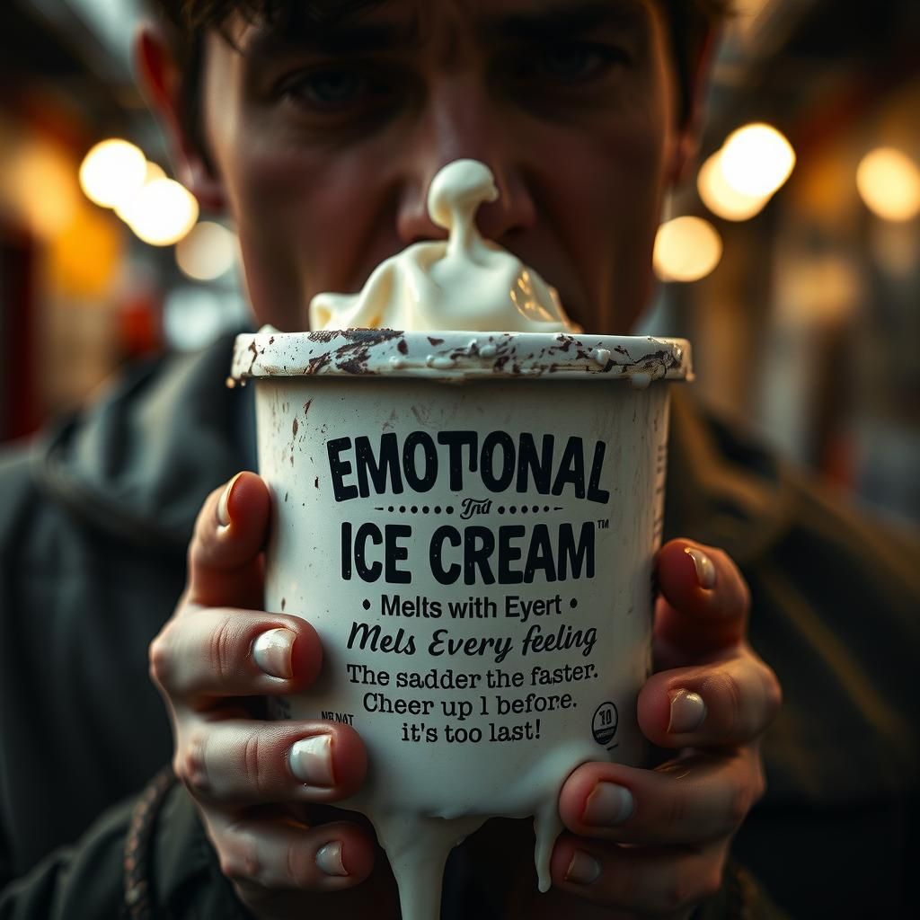Melancholic Close-Up of Melting Emotional Ice Cream