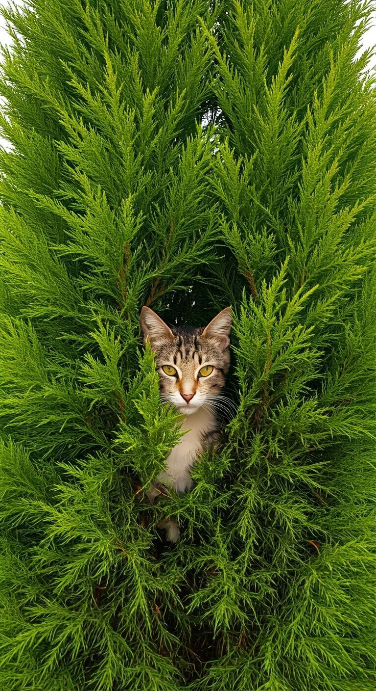 Cypress Tree with Cat Peeking Out