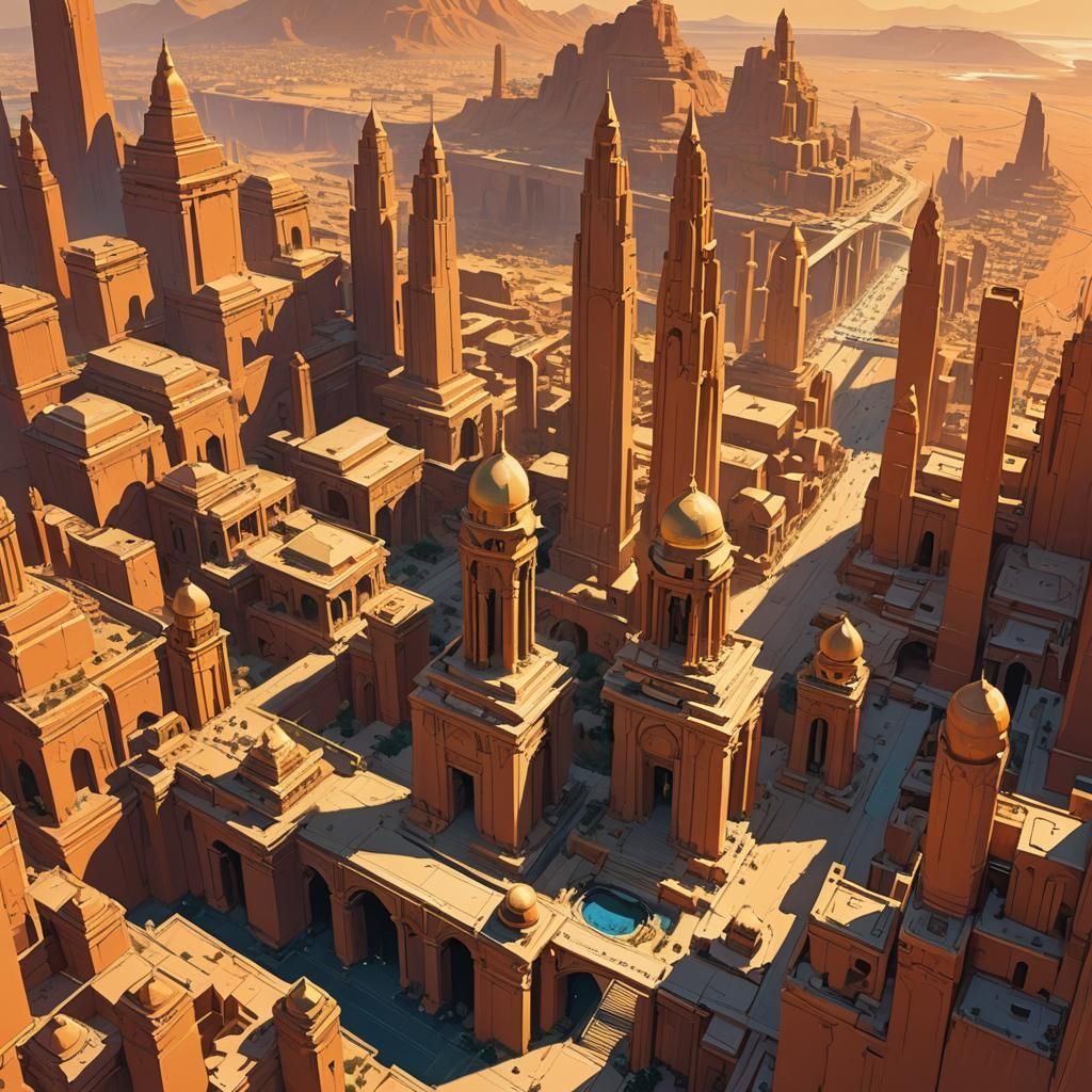 Ancient Desert City with Golden Structures in Cinematic Styl...