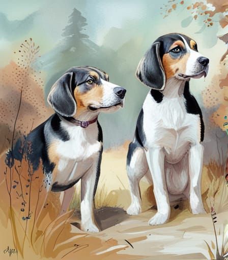 Two Beagles Watching a Duck in Forest