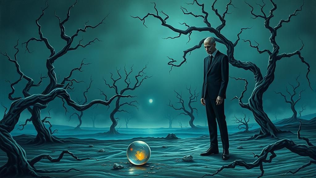 Surreal Suited Figure in Distorted Landscape