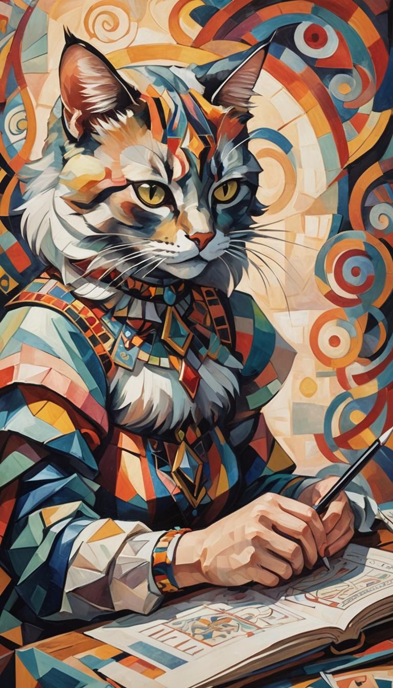 Cat Girl Tarot Reader in Cubist Style