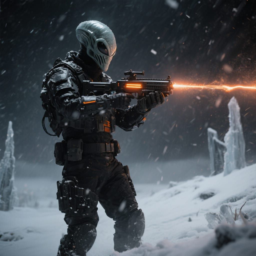 Alien Soldier in Snowstorm Landscape with Laser Machinegun