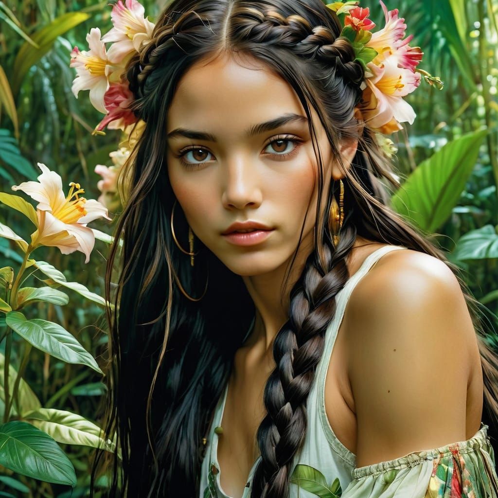 Lush Jungle Portrait of a Latina Woman in Braids
