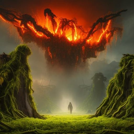 Apocalyptic City Overgrown with Erupting Volcanoes