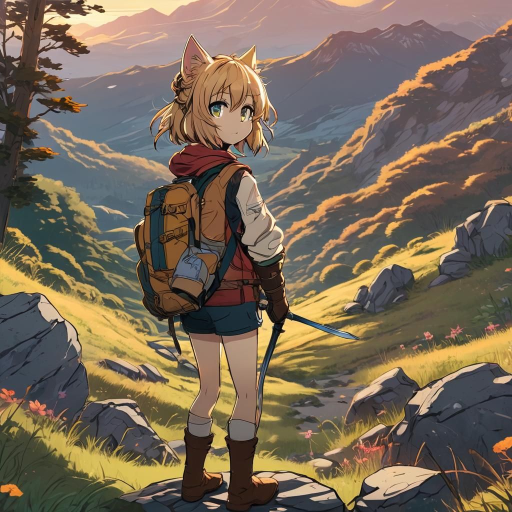 Catgirl Adventurer in Mountain Meadow: Manga Illustration