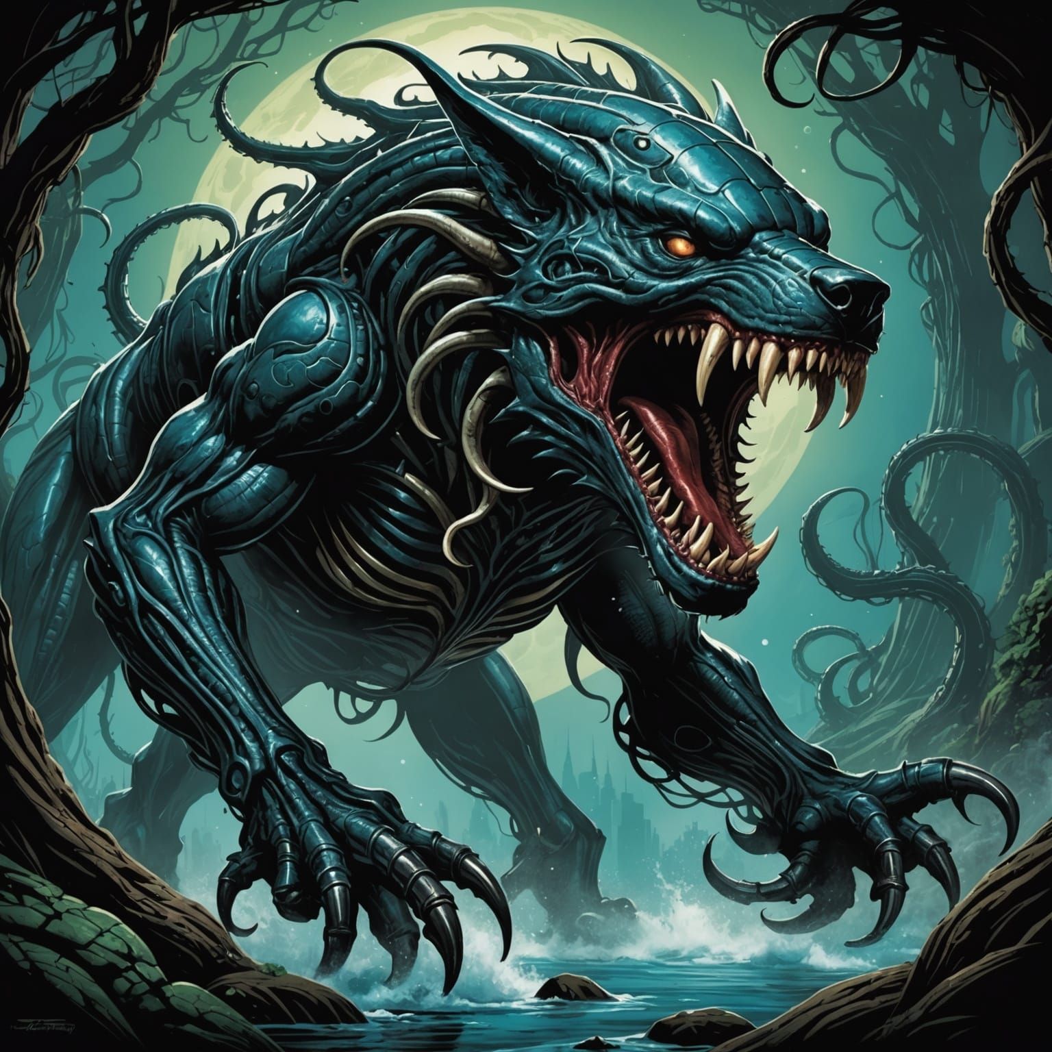 Alien Wolf with Tentacles: Comic Book Art