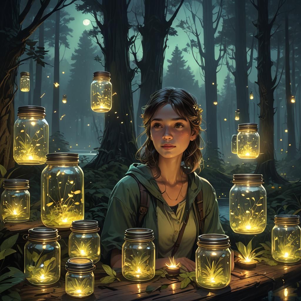 Fireflies in Jars at Night: Hyperdetailed Forest Scene