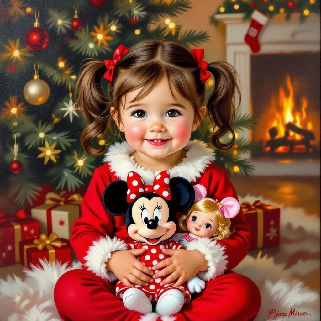 Toddler Opens Gifts by Fireplace in Detailed Oil Painting