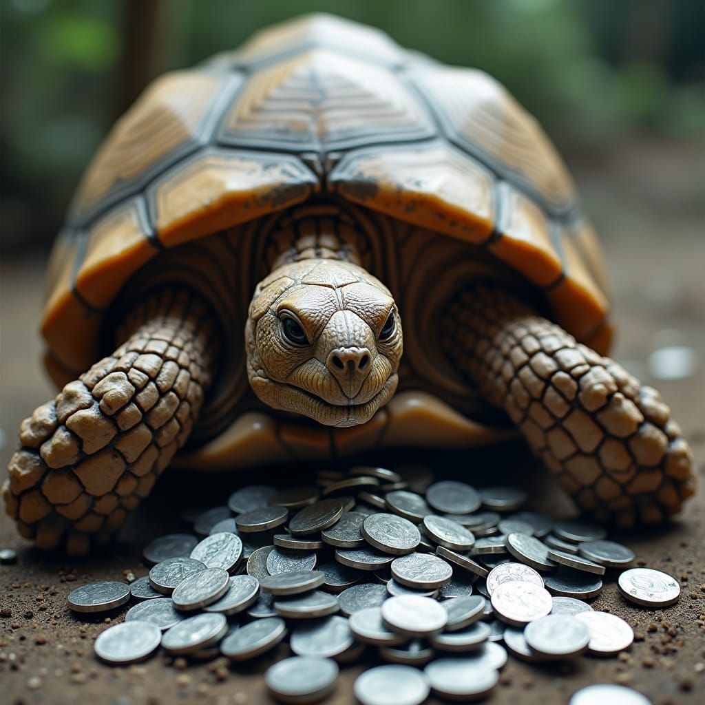 Tortoise Filled with Dimes in Dark Surrealism