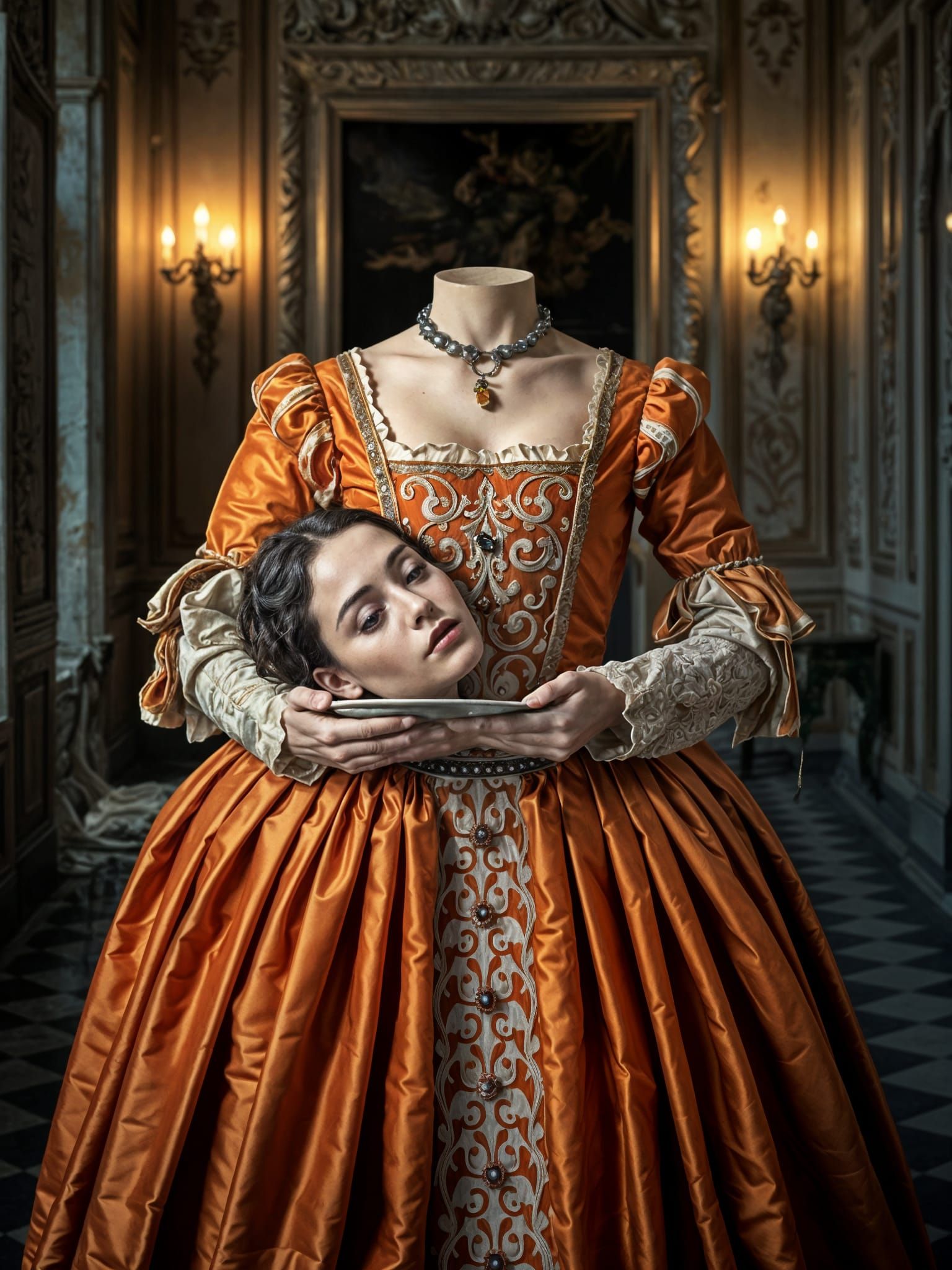 Beheaded Woman in Renaissance Dress With Head on Plate