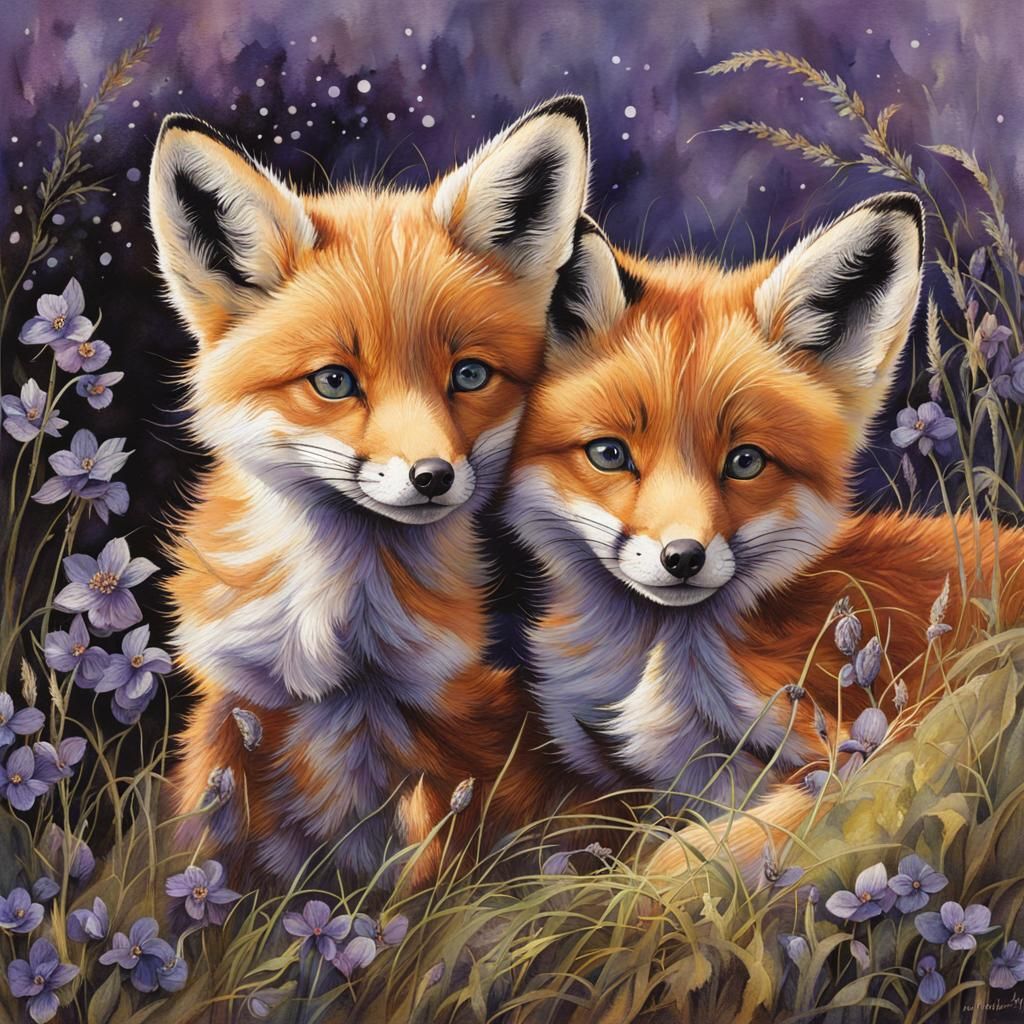 Curious Baby Foxes in Violet Evening Light