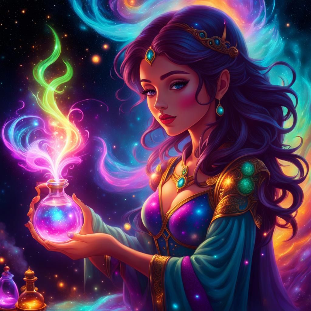 Enchanting Woman Crafts Potion in Animated Illustration