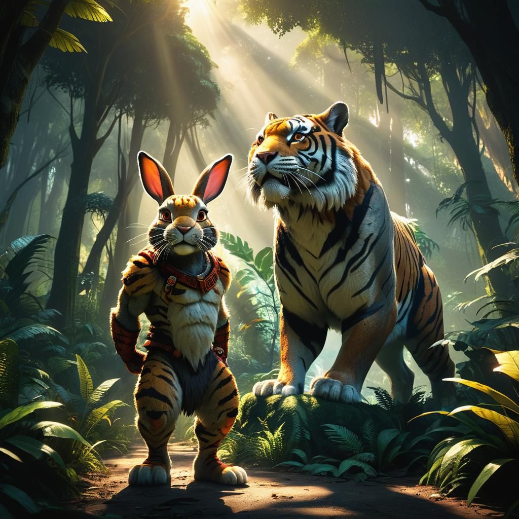 Brave Rabbit Confronts Tiger in Jungle: 3D Digital Art