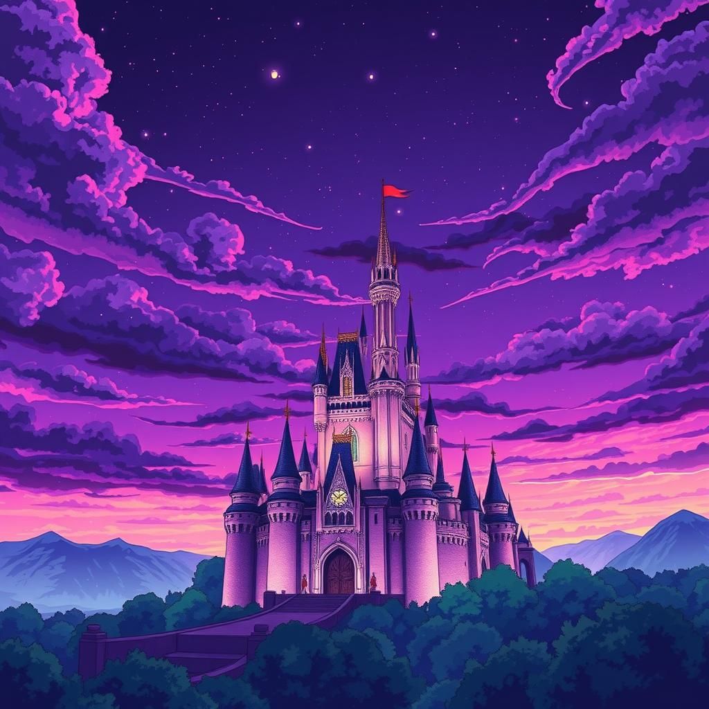 Purple Castle Under Purple Skies in Alcohol Ink Style