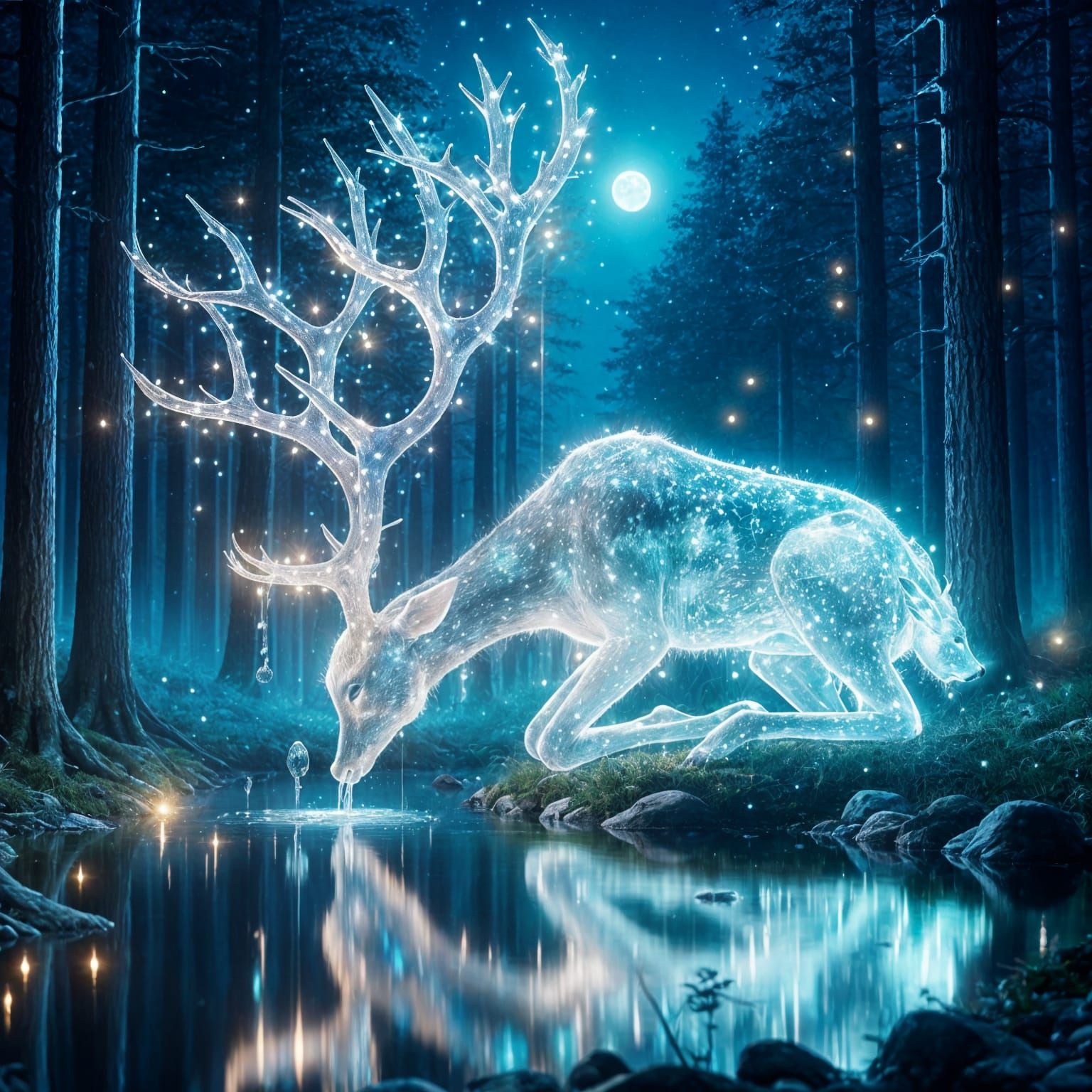 Ethereal Energy Deer Drinking in Enchanted Forest