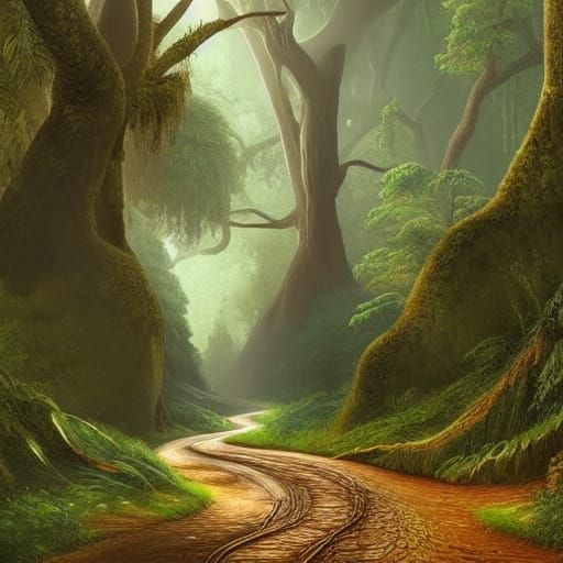 Detailed Forest Road in a Fantasy Matte Painting