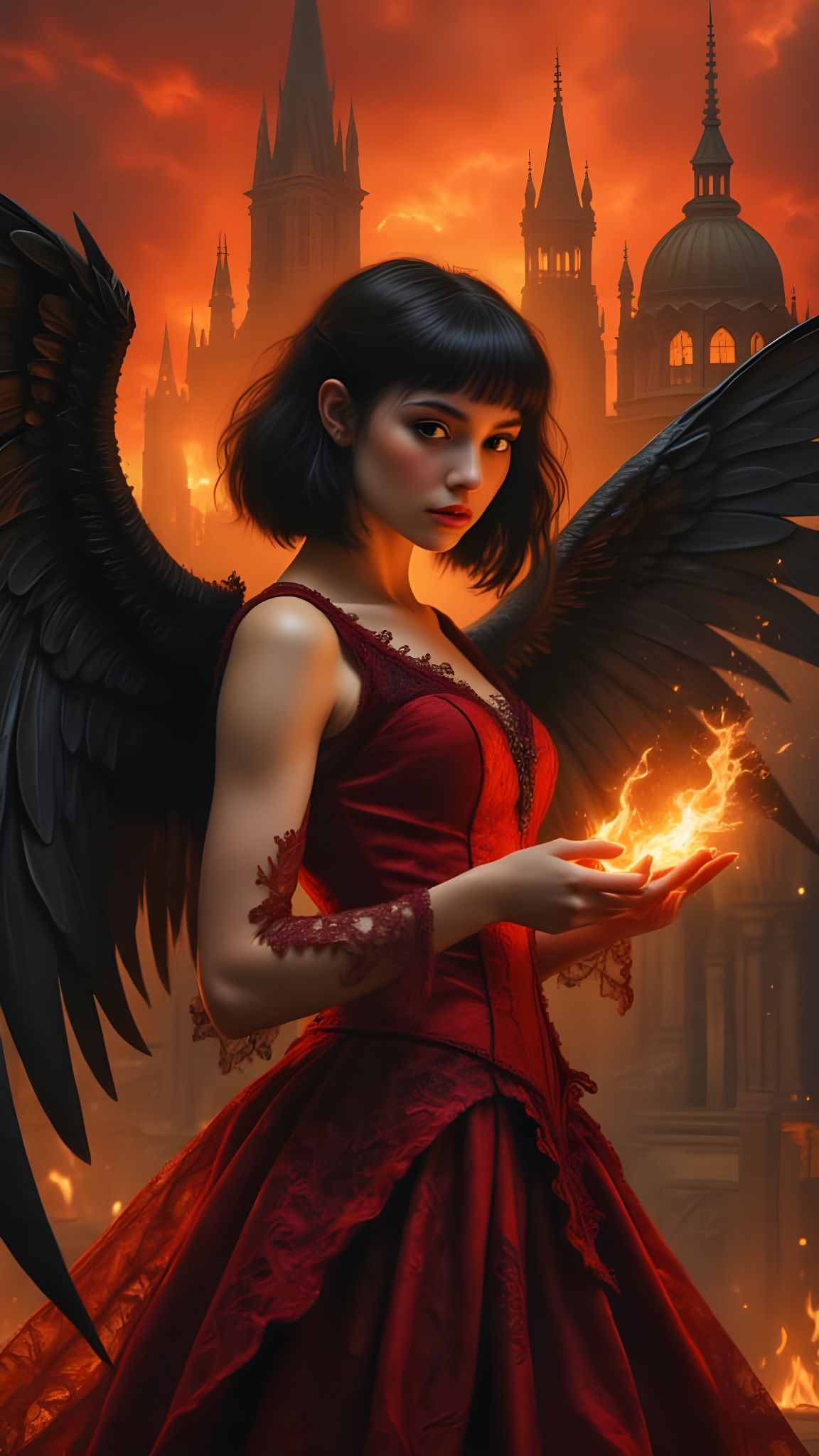 Dark Angel with Fiery Wings in Burning Cathedral