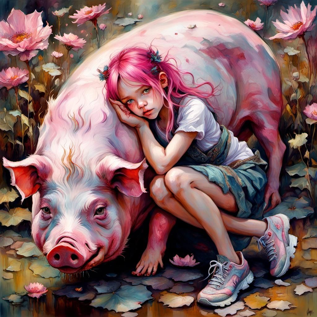 Littel Girl and a pink pig