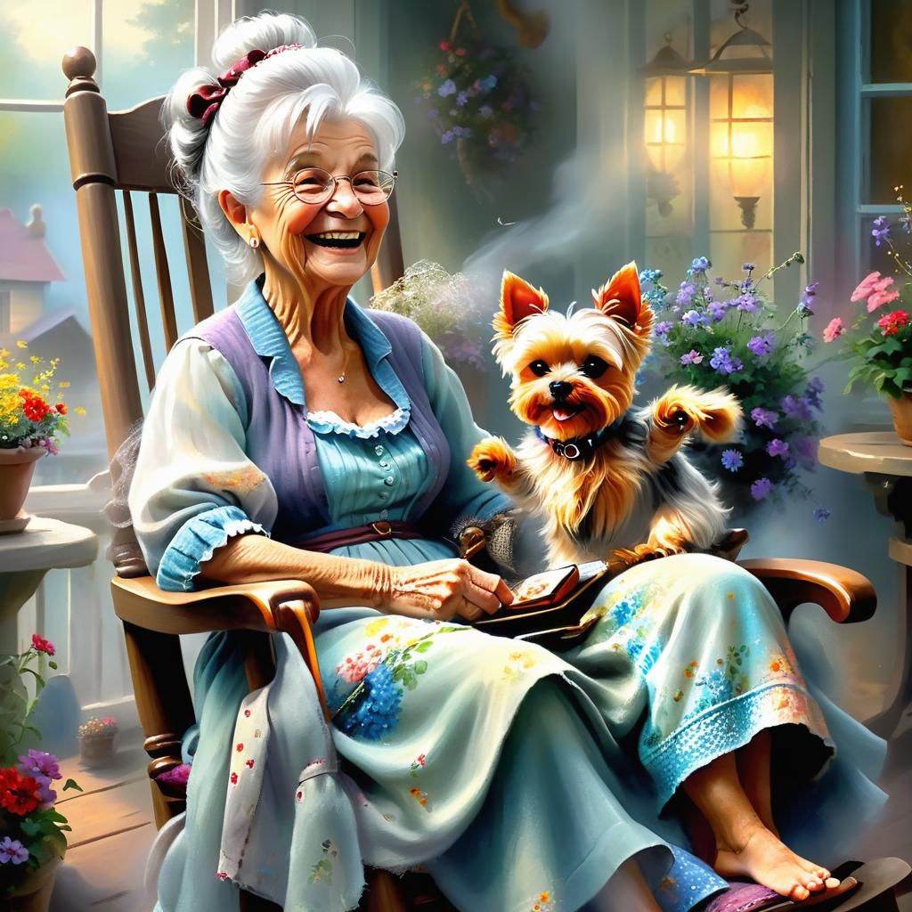 Laughing Silver-Haired Lady with Yorkie, Fantasy Art