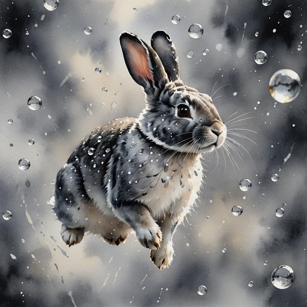 Black and White Bunny in Popping Water Bubble