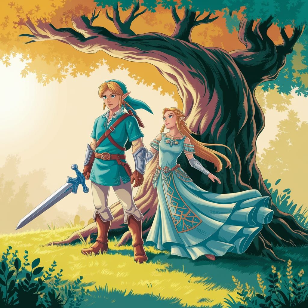 Heroic Link and Wise Zelda in a Golden Forest Glade