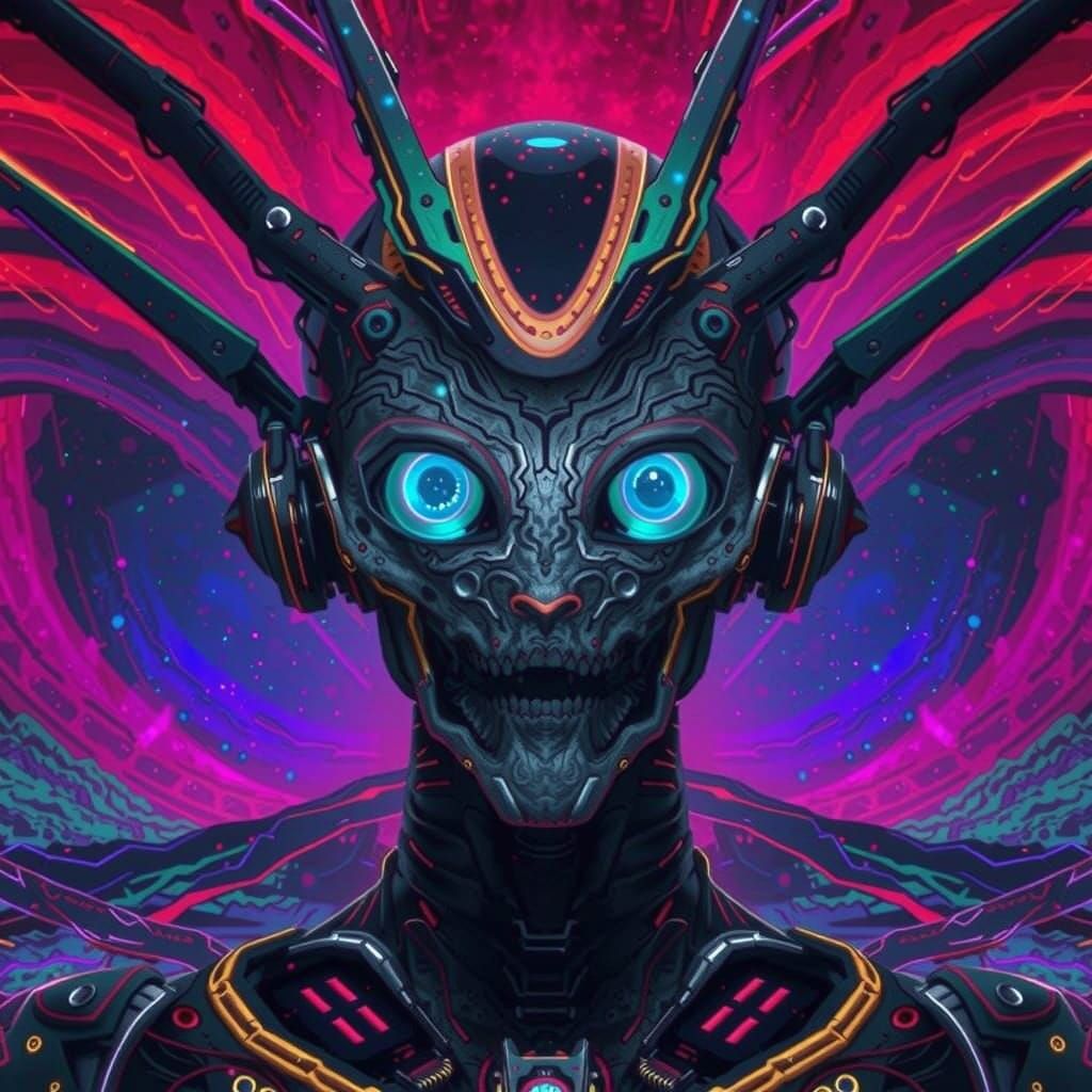 Mechanical Alien in Psychedelic Dreamscape