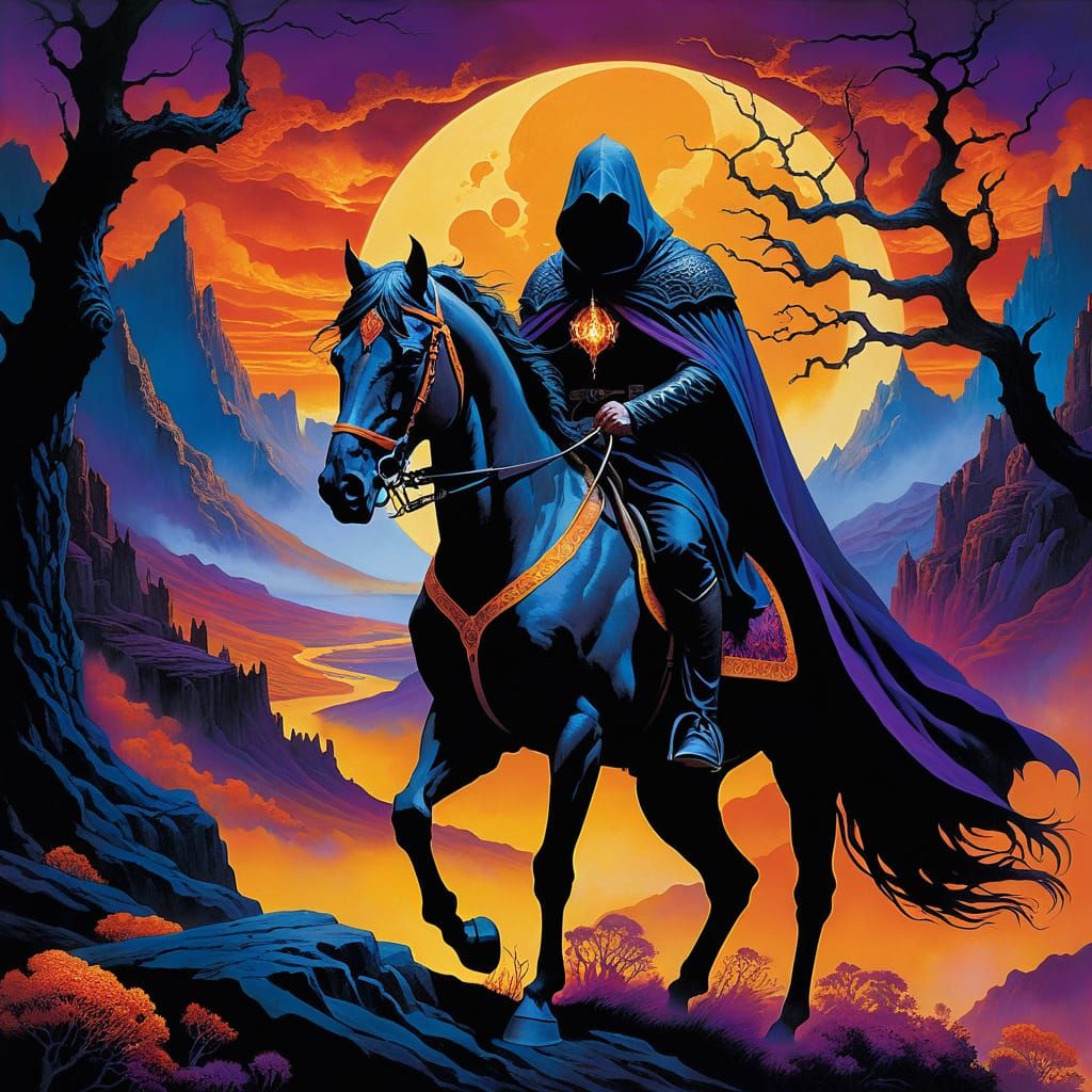 Dark Lord on a Majestic Steed in a Haunting Fantasy Landscap...