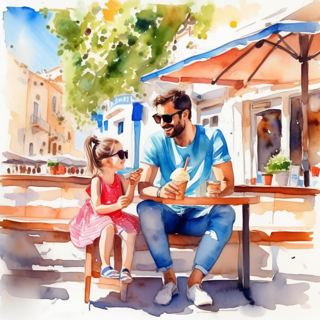 Happy Father and Daughter in Greece, Watercolor