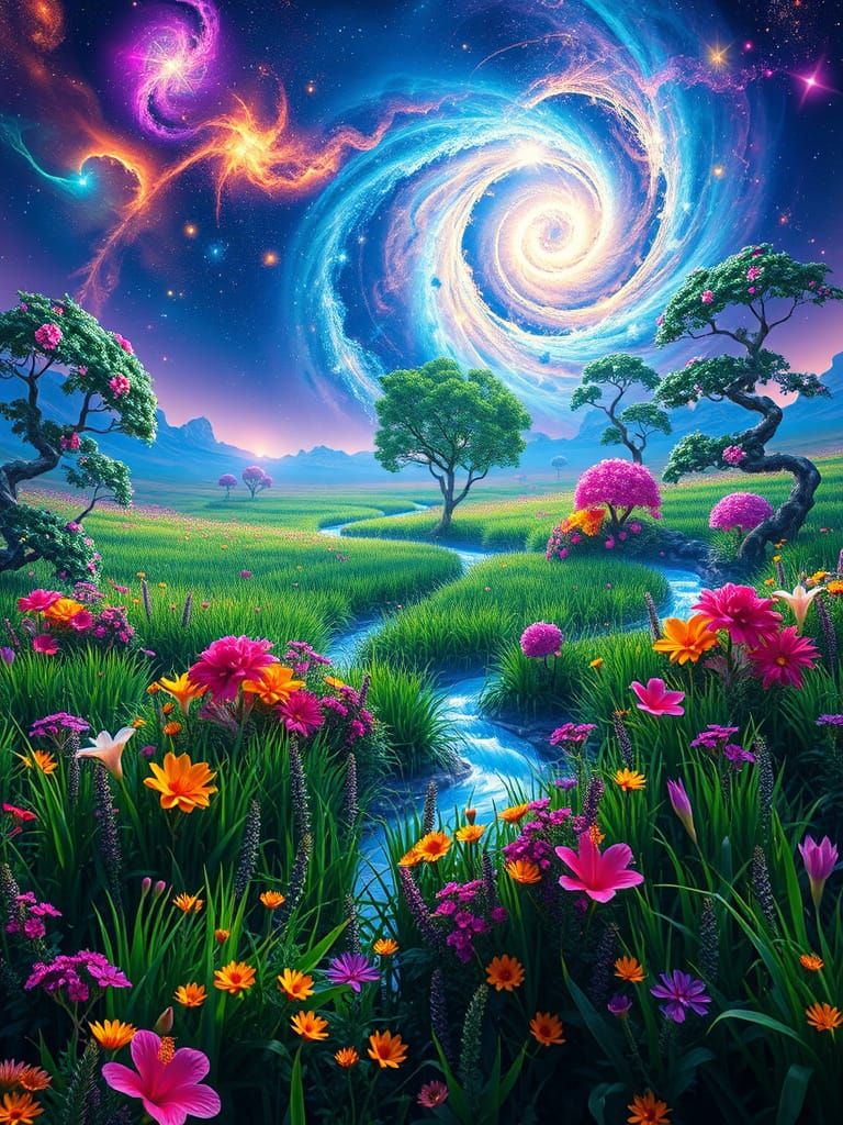 Rainbow Cosmos Dreamscape with Vibrant Flowers and Emerald G...