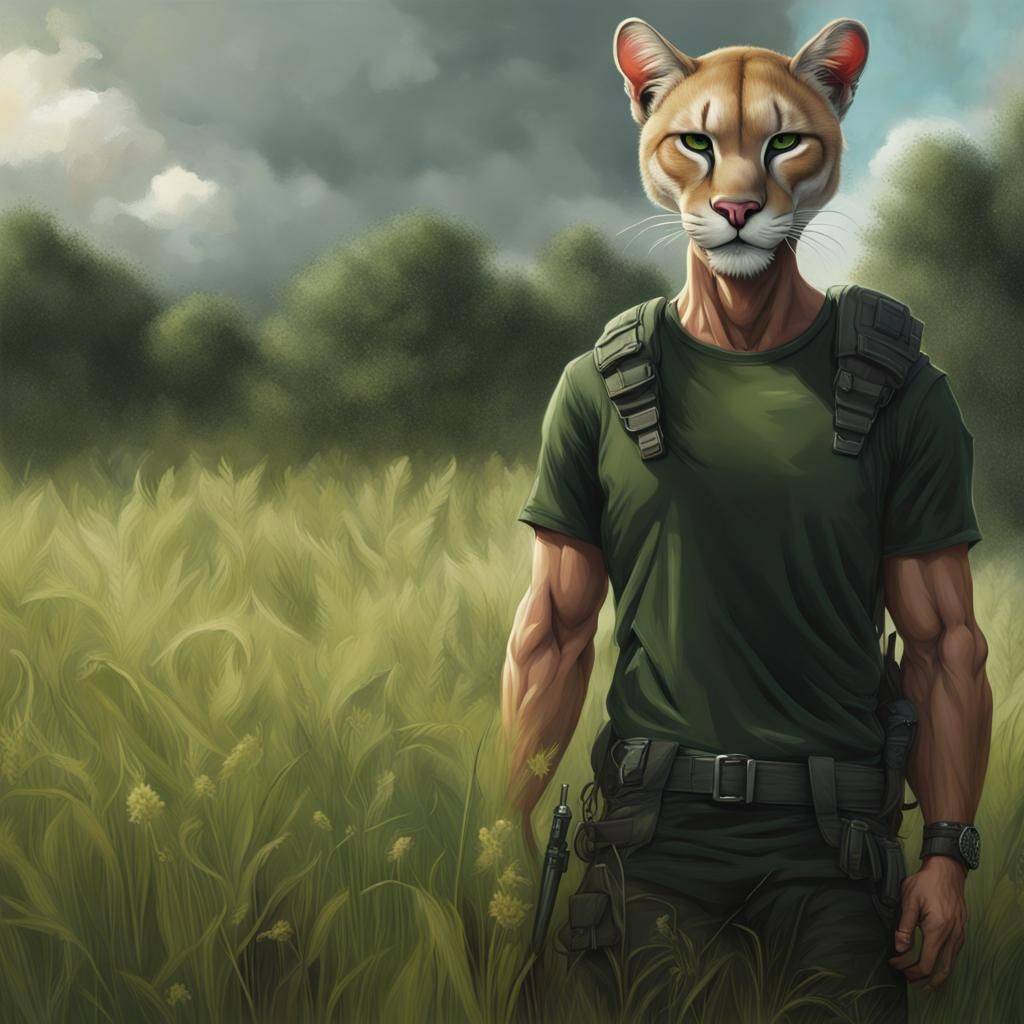 Man with Cougar Mask in Grassy Field