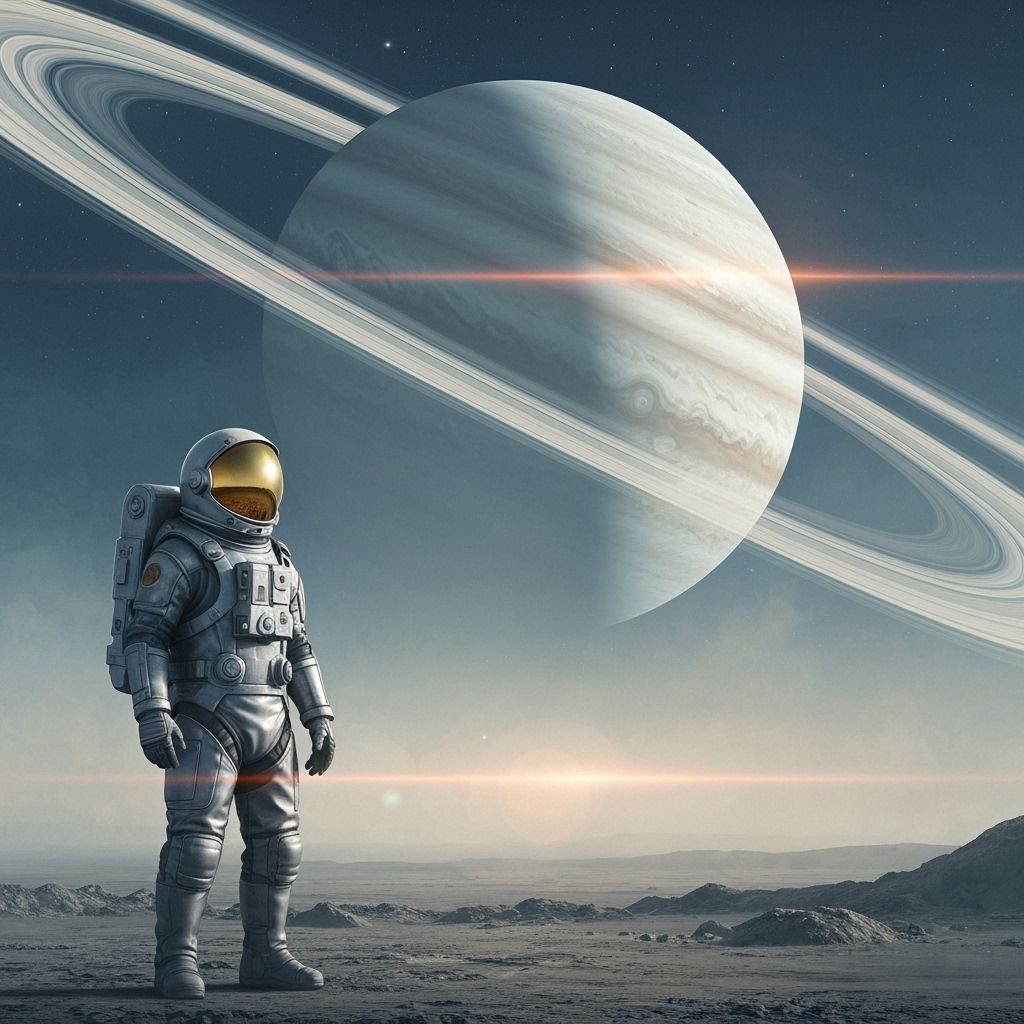 Astronaut on Alien Planet Gazing at Gas Giant