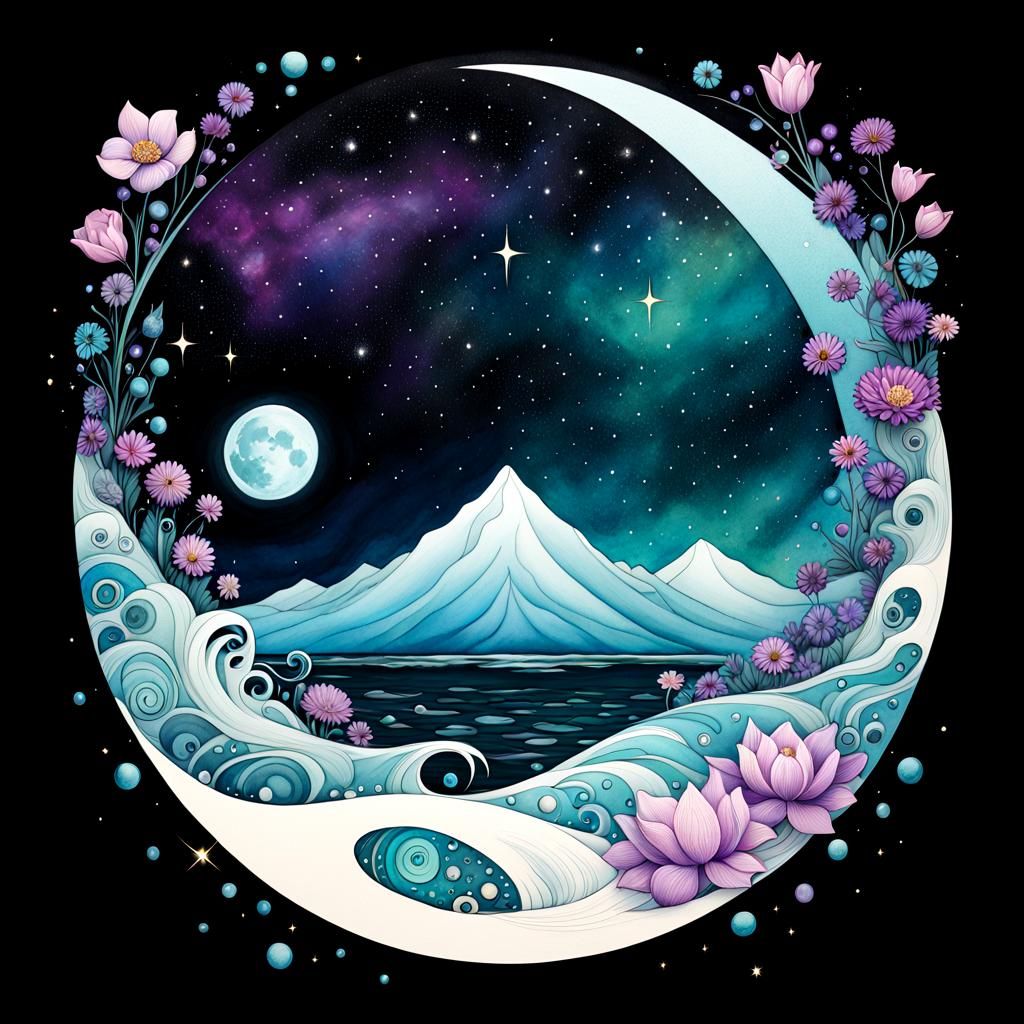 Starry Moonscape in Liquid Ink Watercolor Style