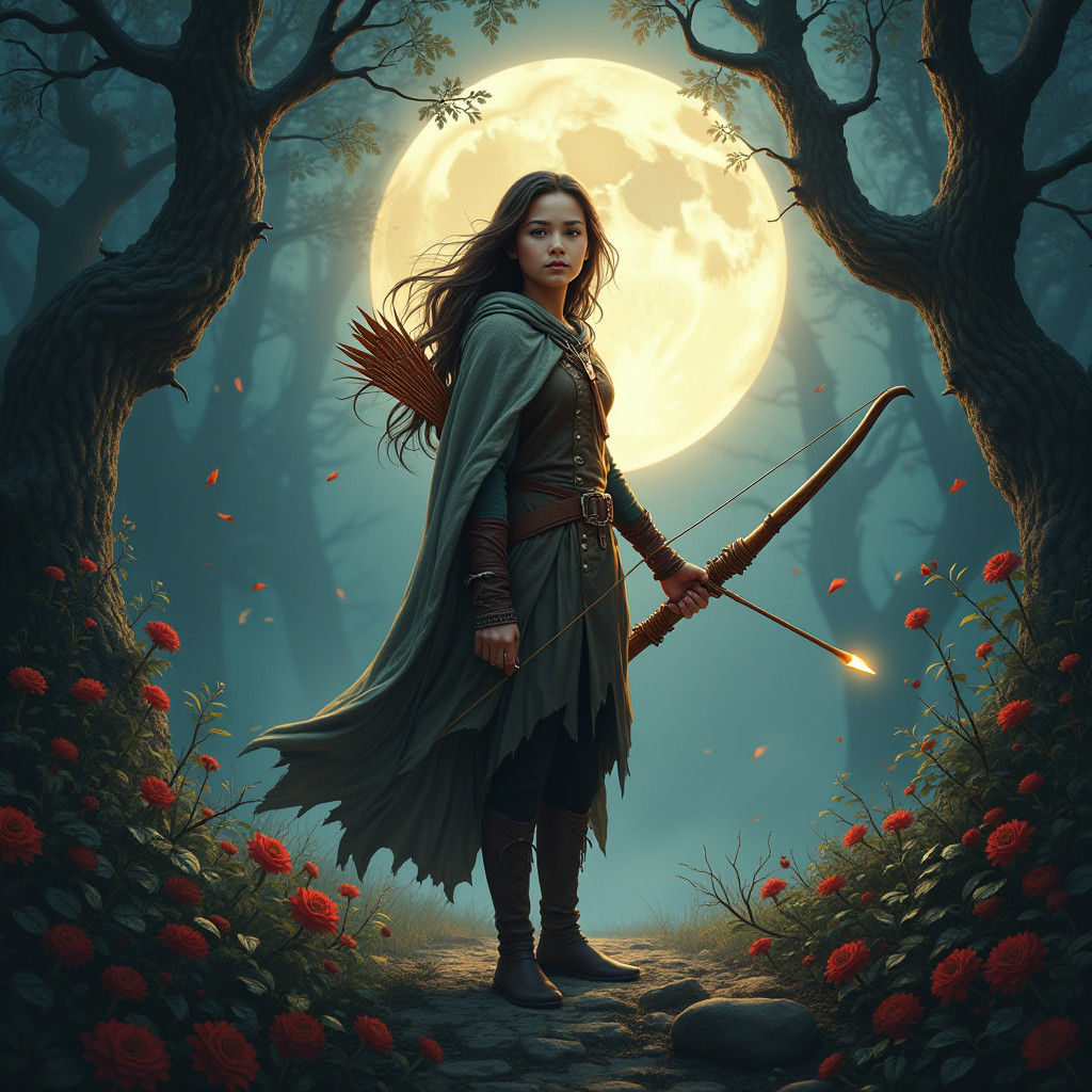 Mystical Forest Heroine with Glowing Bow, Matte Painting