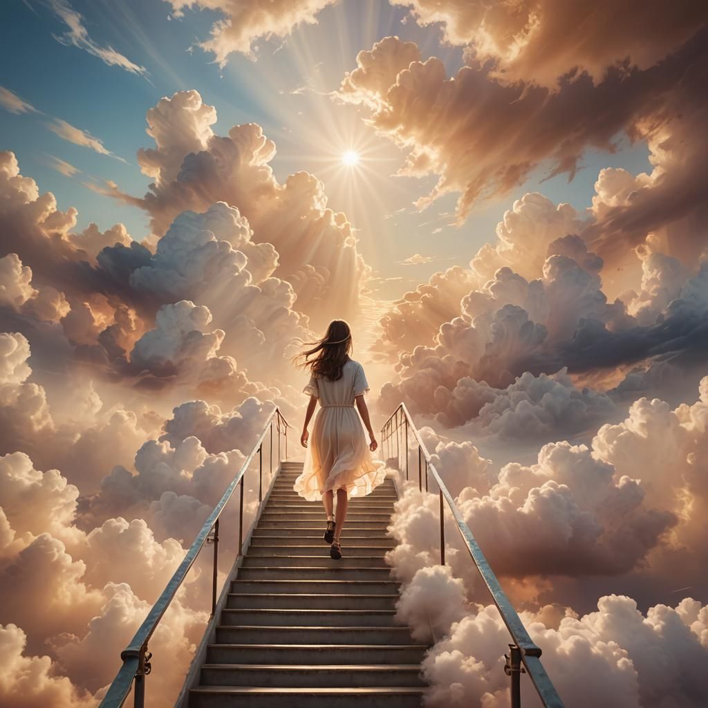 Girl Ascending Stairway to Heaven in Golden Light