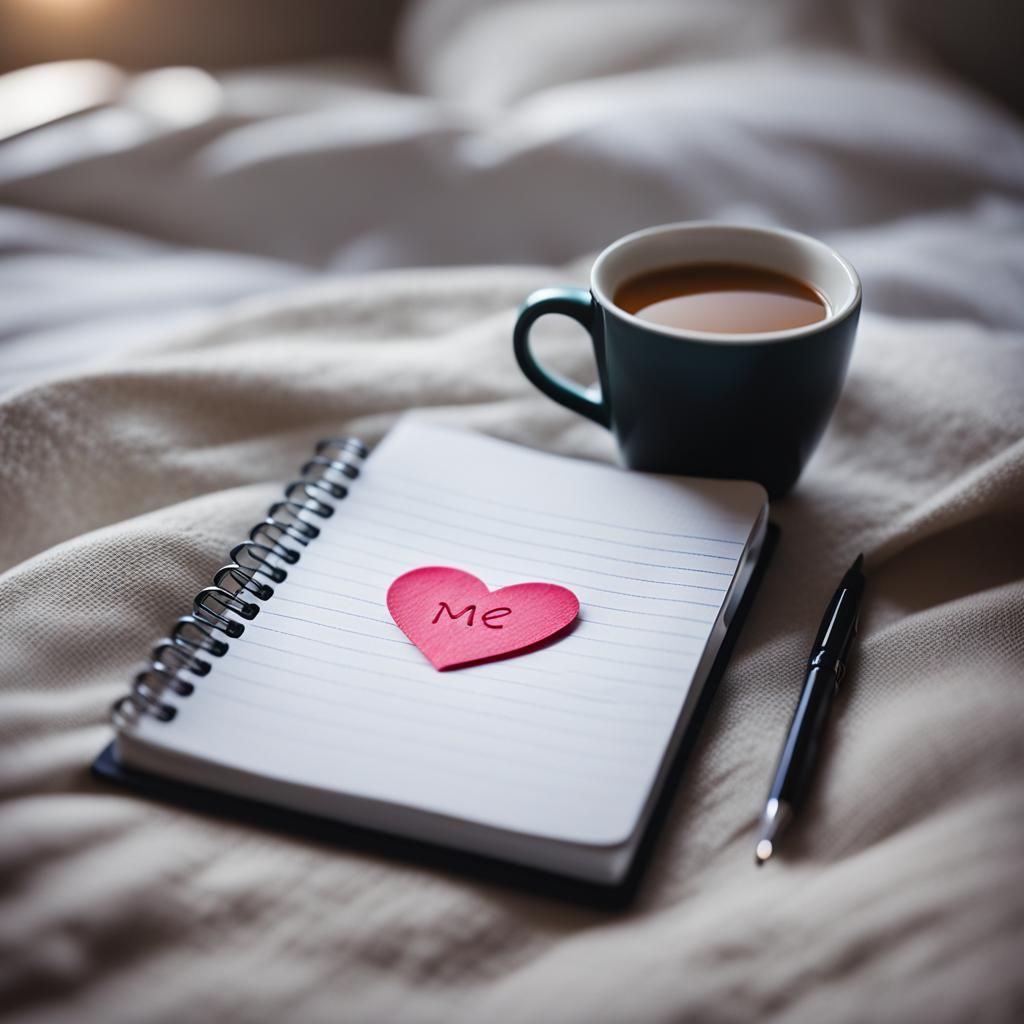 Notepad with Heart and Text on Bed